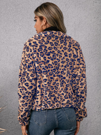 Drawstring Leopard Zip Up Jacket