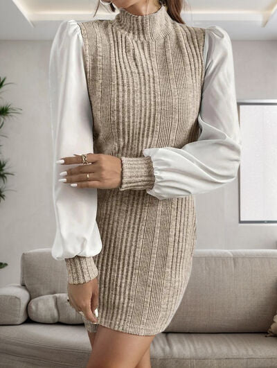 Ribbed Contrast Long Sleeve Sweater Dress