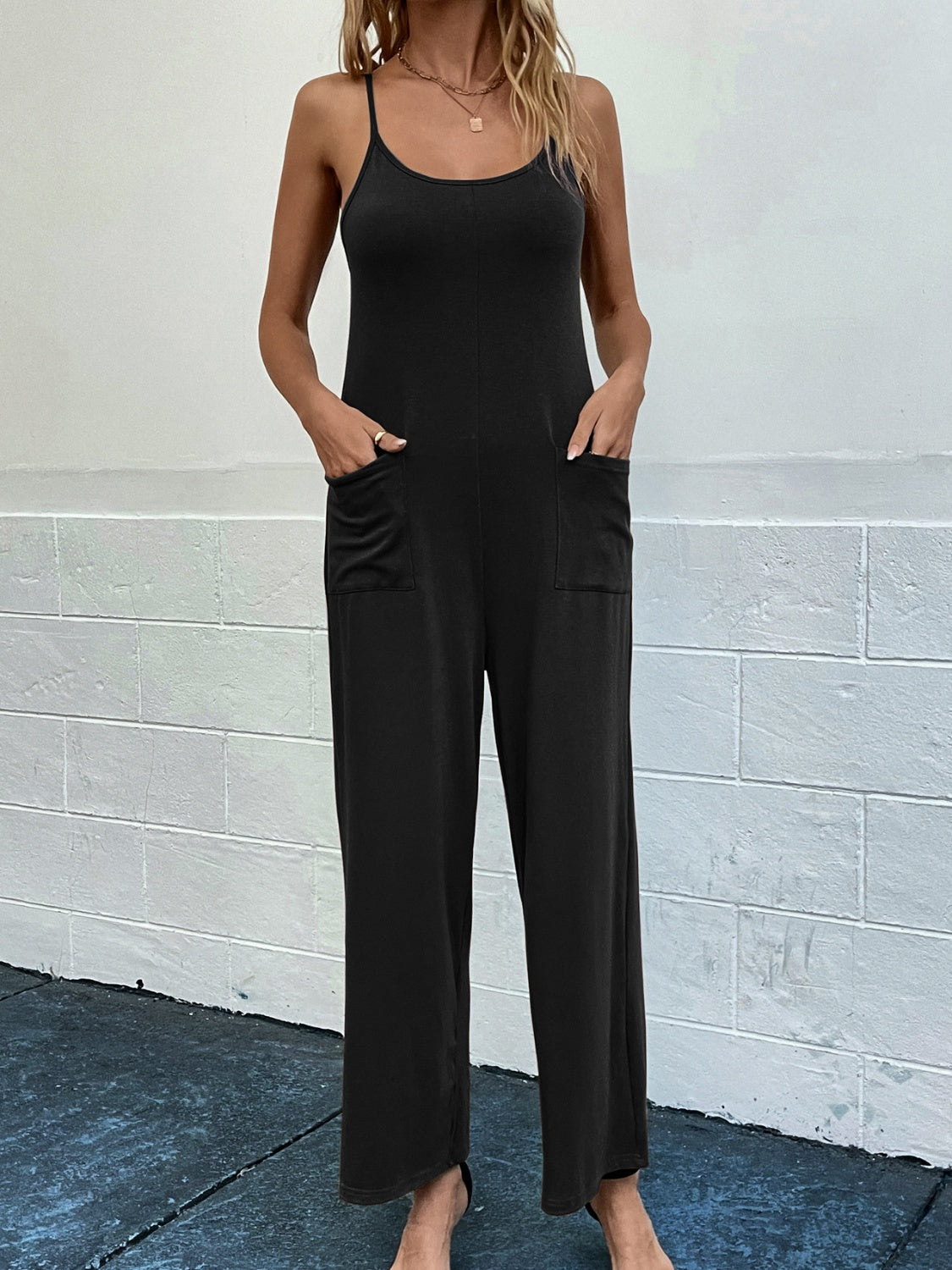 Pocketed Spaghetti Strap Wide Leg Jumpsuit