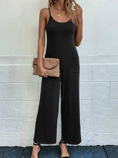 Pocketed Spaghetti Strap Wide Leg Jumpsuit
