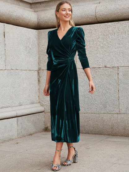 Surplice Puff Sleeve Midi Dress