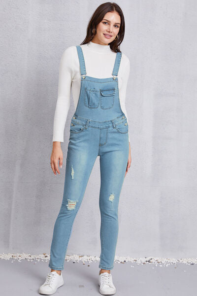 Distressed Washed Denim Overalls with Pockets
