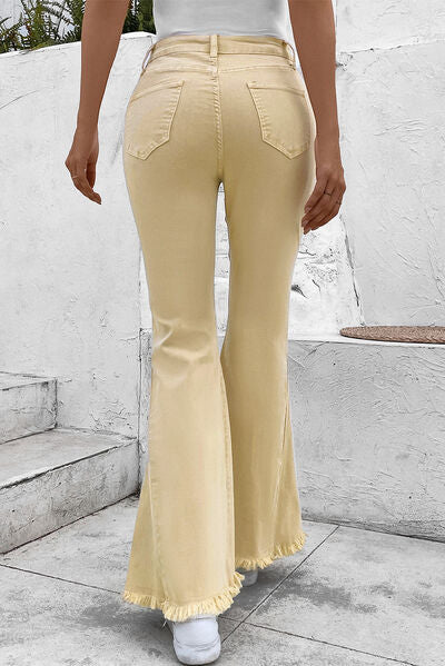 Pocketed Raw Hem Flare Jeans