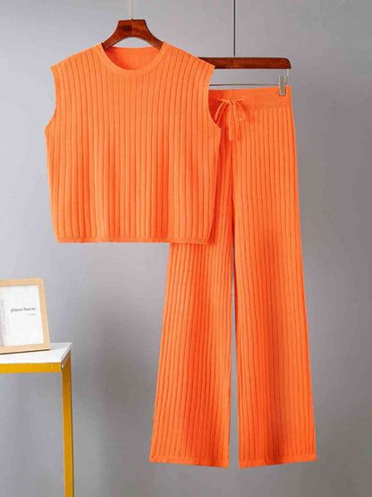 Ribbed Sweater Vest and Drawstring Knit Pants Set