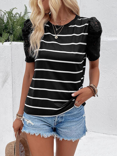 Striped Lace Detail Short Sleeve T-Shirt