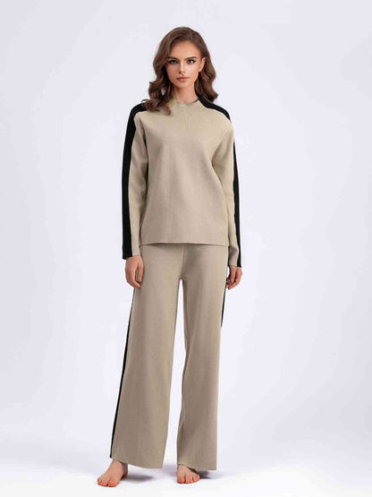 Contrast Sweater and Knit Pants Set