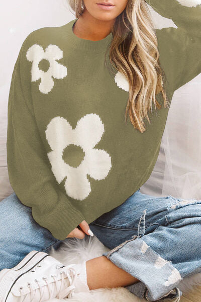 Round Neck Floral Pattern Color Contrast  Design Long Sleeve Sweater