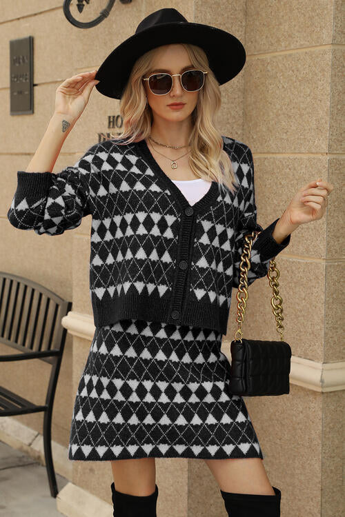 Geometric Button Front Cardigan and Skirt Set