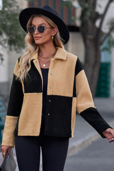 Color Block Snap Down Collared Neck Jacket