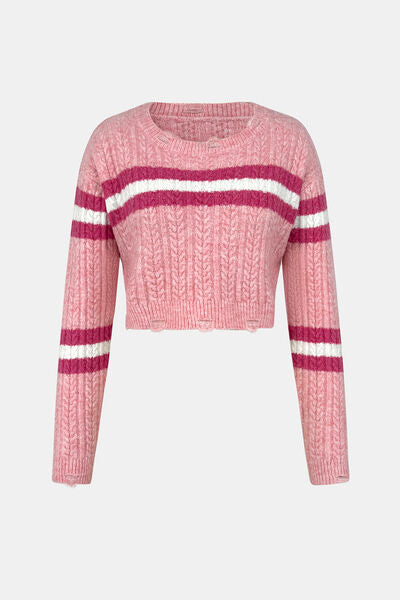 Cable-Knit Striped Dropped Shoulder Sweater