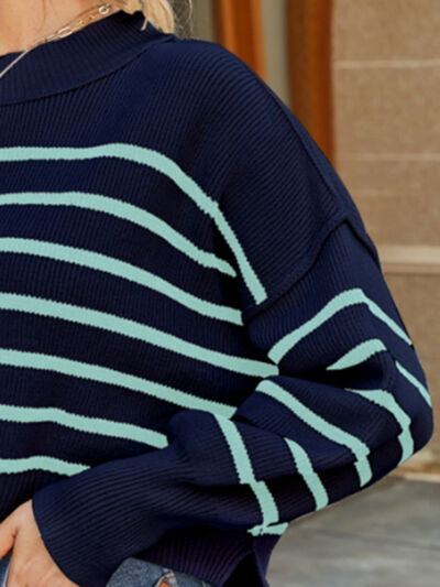 Round Neck Striped Lantern Sleeve Sweater