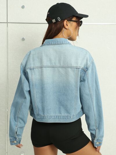 Distressed Button Up Denim Jacket with Pockets