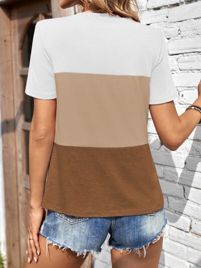 Color Block Round Neck Short Sleeve T-Shirt