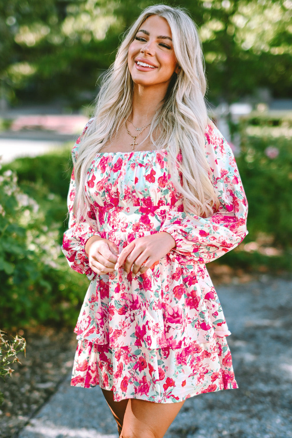 Floral Square Neck Layered Dress