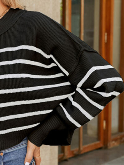 Round Neck Striped Lantern Sleeve Sweater