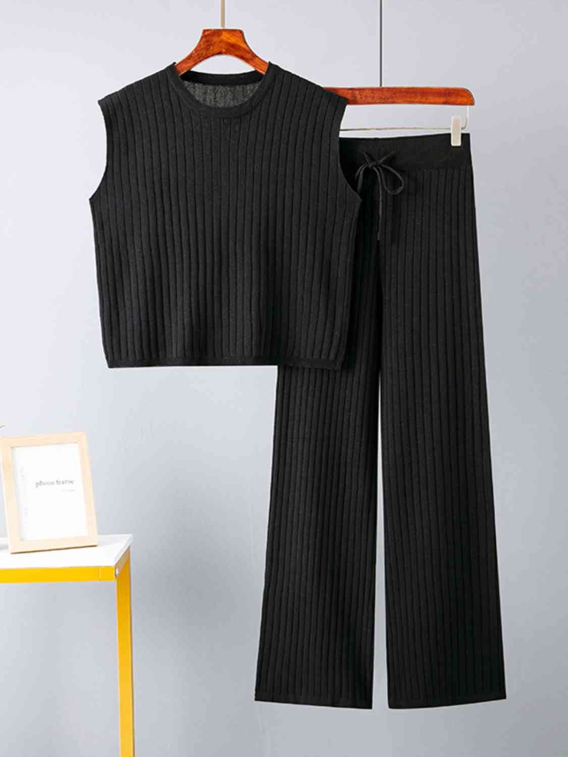 Ribbed Sweater Vest and Drawstring Knit Pants Set