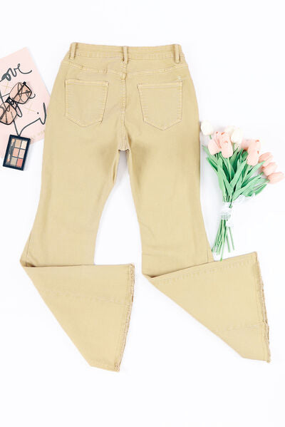 Pocketed Raw Hem Flare Jeans