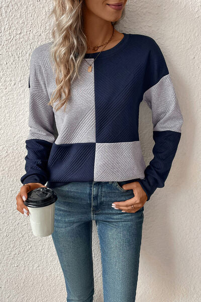Textured Color Block Round Neck Sweatshirt