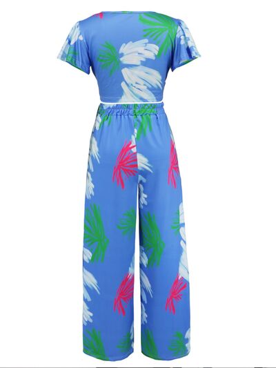 Printed V-Neck Top and Tied Pants Set