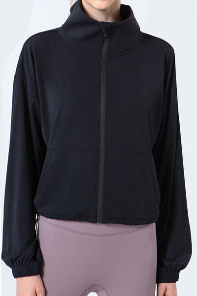 Drawstring Zip Up Dropped Shoulder Active Outerwear