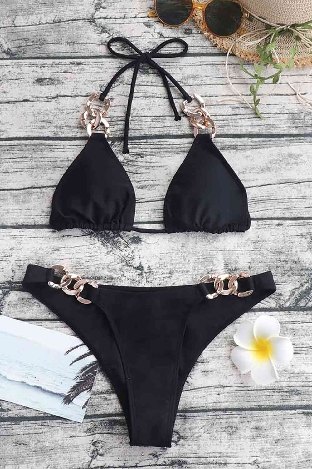 Chain Detail Tied Halter Neck Bikini Set