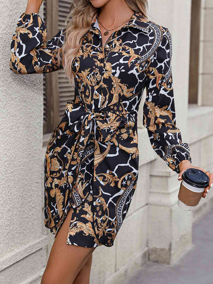Tie Front Printed Collared Neck Shirt Dress
