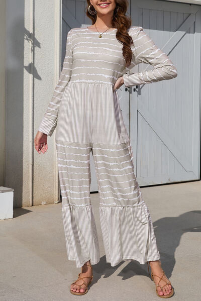 Striped Round Neck Long Sleeve Jumpsuit
