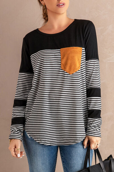 Pocketed Striped Round Neck T-Shirt